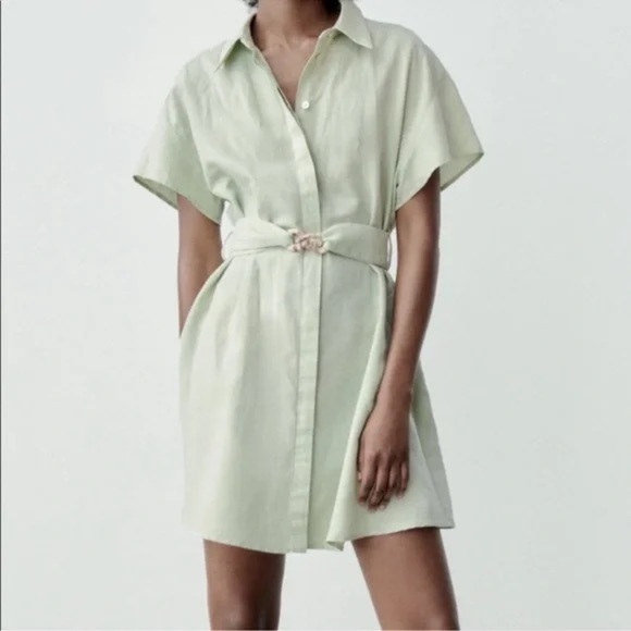 Zara Dresses & Skirts - Zara Green Linen Collar Belted Dolman Sleeve Mini Dress